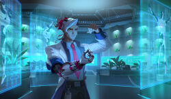 Rule 34 | 1boy, absurdres, belt, closed mouth, coat, highres, id card, indoors, lab coat, lifeweaver (overwatch), looking at object, male focus, mechanical arms, monitor, necktie, official art, open clothes, open coat, overwatch, overwatch 2, pants, pink necktie, plant, shirt, single mechanical arm, solo, v-shaped eyebrows, white hair, white sleeves