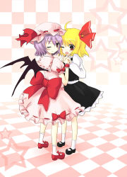Rule 34 | 2girls, absurdres, ahoge, bat wings, blonde hair, blush, bow, dress, eluthel, embodiment of scarlet devil, fang, female focus, hair bow, hair ribbon, hat, highres, mary janes, multiple girls, open mouth, purple hair, red eyes, remilia scarlet, ribbon, rumia, shoes, short hair, touhou, wings