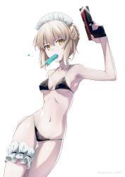 Rule 34 | 1girl, arm behind back, artoria pendragon (all), artoria pendragon (alter swimsuit rider) (fate), artoria pendragon (alter swimsuit rider) (second ascension) (fate), artoria pendragon (fate), bare arms, bare shoulders, bikini, black bikini, blonde hair, braid, breasts, breasts apart, bridal garter, collarbone, commentary request, contrapposto, cowboy shot, fate/grand order, fate (series), finger on trigger, fingernails, food, french braid, frills, gluteal fold, groin, gun, hair between eyes, hair bun, hand on own hip, hand on thigh, hand up, handgun, highres, holding, holding gun, holding weapon, isshi pyuma, long fingernails, looking at viewer, maid, maid bikini, maid headdress, medium breasts, mouth hold, navel, popsicle, saber (fate), saber alter, short hair, sidelocks, simple background, single hair bun, small breasts, solo, standing, stomach, string bikini, swimsuit, thigh gap, tsurime, twitter username, unconventional maid, underboob, weapon, white background, yellow eyes
