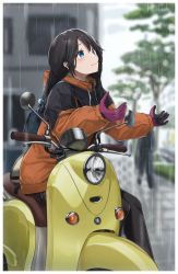 Rule 34 | 1girl, black hair, black pants, blue eyes, blurry, blurry background, closed mouth, coat, commentary, depth of field, gloves, highres, idolmaster, idolmaster shiny colors, long hair, looking to the side, mitsumine yuika, motor vehicle, noeru, on vehicle, orange coat, outdoors, pants, purple gloves, rain, scooter, sitting, smile, solo, vespa