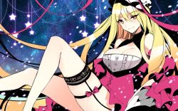 Rule 34 | 1girl, alternate costume, bare shoulders, blonde hair, breasts, cleavage, cleavage cutout, clothing cutout, detached sleeves, dress, garter straps, hat, large breasts, long hair, long sleeves, looking at viewer, mob cap, puffy sleeves, ribbon, roh nam kyung, sitting, smile, solo, star (symbol), thighhighs, touhou, turtleneck, wide sleeves, yakumo yukari, yellow eyes