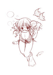 Rule 34 | 1girl, bikini, breasts, cleavage, diving, diving mask, fish, flippers, freediving, goggles, hidamari sketch, hiro (hidamari sketch), large breasts, looking at viewer, monochrome, quro (black river), simple background, smile, solo, swimming, swimsuit, underwater, white background