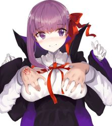 Rule 34 | 10s, 1girl, bb (fate), bb (fate), bb (fate/extra), blush, grabbing another&#039;s breast, breasts, cape, command spell, fate/extra, fate/extra ccc, fate/grand order, fate (series), fujimaru ritsuka (male), gloves, grabbing, grabbing from behind, large breasts, long hair, moruchi (rinaka moruchi), purple eyes, purple hair, smile, white gloves