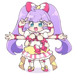 Rule 34 | 1girl, :d, ahoge, blue eyes, blush, bow, chibi, coattails, commentary, detached collar, detached sleeves, double v, dress, extra arms, frilled skirt, frilled thighhighs, frills, full body, hair bow, hands on own chest, hands up, highres, layered skirt, long hair, looking at viewer, manaka laala, multicolored clothes, multicolored dress, nana (retroplica), open mouth, outstretched arms, pink bow, pink footwear, pretty series, pripara, puffy detached sleeves, puffy sleeves, purple hair, shoes, short dress, skirt, smile, solo, spread arms, standing, thighhighs, treble clef, twintails, v, v over eye, very long hair, waist bow, white background, white sleeves, white thighhighs