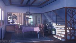 Rule 34 | cabinet, ceiling light, chair, commentary, dining room, door, english commentary, foxeleos, highres, indoors, no humans, original, scenery, shadow, stairs, table