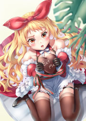 Rule 34 | alternate costume, azur lane, black thighhighs, blonde hair, blush, bow, chocolate, collarbone, commentary request, gloves, hair bow, highres, howe (azur lane), howe (pastry princess) (azur lane), jenkins (azur lane), long hair, maid, red eyes, ribbon, shoes, simple background, sitting, thigh strap, thighhighs, thighs, yam (yam6056)