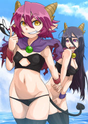 Rule 34 | 2girls, bad id, bad pixiv id, black hair, blush, cloud, covering privates, covering crotch, day, demon girl, demon tail, eyebrows, grin, holding hands, horns, long hair, multiple girls, navel, no panties, open mouth, original, own hands together, purple eyes, purple hair, short hair, sky, smile, spinning, tail, takao (yuuki maya), tears, wavy mouth, yellow eyes, yuuki maya