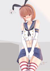 Rule 34 | 01021235, 1girl, absurdres, animal ears, bare shoulders, between legs, black hairband, black neckerchief, blue eyes, blue sailor collar, blue skirt, blush, breasts, buttons, cosplay, covering crotch, covering privates, cropped shirt, double-breasted, elbow gloves, embarrassed, facing down, gloves, hairband, hand between legs, highres, hip focus, kantai collection, looking at viewer, medium hair, midriff, miniskirt, navel, neckerchief, no panties, orange eyes, orange hair, parted lips, pleated skirt, rabbit ears, sailor collar, school uniform, serafuku, shimakaze (kancolle), shimakaze (kancolle) (cosplay), shirt, skirt, sleeveless, sleeveless shirt, small breasts, solo, spoken panties, striped clothes, striped thighhighs, thighhighs, v arms, white gloves, yellow eyes, z3 max schultz (kancolle)