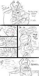 Rule 34 | 1girl, 2boys, asgore dreemurr, asriel dreemurr, baby, bags under eyes, beard, blush stickers, cape, classychassiss, comic, english text, facial hair, family, fangs, father and son, flower, gears, greyscale, highres, horns, husband and wife, monochrome, mother and son, multiple boys, simple background, spoilers, spot color, sweat, nervous sweating, tears, thinking, toriel, undertale