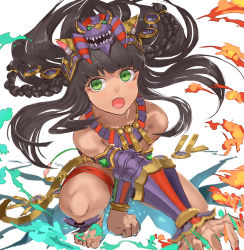Rule 34 | 1girl, :d, animal ears, bare shoulders, barefoot, bastet (p&amp;d), black hair, braid, cat ears, dark skin, dark-skinned female, fang, fangs, feet, fire, foreshortening, green eyes, jewelry, jyon, long hair, motion blur, open mouth, puzzle &amp; dragons, smile, solo, squatting, white background, x arms