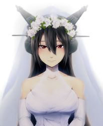 Rule 34 | 10s, 1girl, bare shoulders, black hair, breasts, bridal gauntlets, commentary request, dress, hair between eyes, head wreath, headgear, ikeshita moyuko, kantai collection, lace, large breasts, long hair, looking at viewer, nagato (kancolle), red eyes, smile, solo, wedding dress, white background