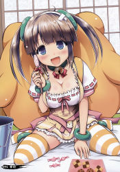 Rule 34 | 10s, 1girl, :d, absurdres, blue eyes, blush, bracelet, breasts, brown hair, bucket, candy, cleavage, cookie, fang, food, hamster, highres, jewelry, large breasts, lollipop, long hair, minori (senran kagura), open mouth, orange thighhighs, senran kagura, skindentation, smile, solo, striped clothes, striped thighhighs, tareme, thighhighs, twintails, yuki tomoshi