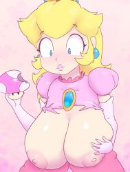 Rule 34 | 1girl, absurdres, bite mark, blonde hair, blue eyes, blue gemstone, blush, breast expansion, breast lift, breasts, brooch, closed mouth, constricted pupils, crown, dress, earrings, elbow gloves, eyelashes, gem, gloves, heart, heart-shaped pupils, highres, holding, holding mushroom, jewelry, large breasts, lickagoat, lips, long hair, looking down, mario (series), mushroom, nintendo, nipples, pink background, pink dress, pink lips, princess peach, puffy short sleeves, puffy sleeves, short sleeves, solo, sphere earrings, super mario bros. 1, super mushroom, symbol-shaped pupils, torn clothes, torn dress, white gloves