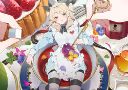 Rule 34 | 1girl, apron, black ribbon, blonde hair, blood, blood on clothes, blue dress, blue flower, brown eyes, cake, clover, collar, cup, dress, fingernails, flower, food, fork, frilled apron, frills, fruit, glass teapot, hair ribbon, heart, holding, ikeuchi tanuma, komachi (ikeuchi tanuma), long hair, long sleeves, looking at viewer, lying, mini person, minigirl, neck ribbon, on back, original, pantyhose, parted lips, petals, pink flower, pov, pov hands, purple flower, ribbon, saucer, skull and crossbones, solo focus, stab, strawberry, strawberry cake, striped clothes, striped pantyhose, sugar cube, swept bangs, tea, teacup, teapot, two side up, violet (flower), white apron, yellow flower