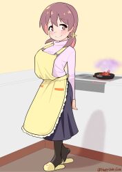 Rule 34 | 1girl, absurdres, apron, artist name, bad food, black pantyhose, black skirt, brown eyes, brown hair, colored inner hair, commentary, frying pan, full body, hair between eyes, happyundergate, highres, indoors, light blush, long hair, long sleeves, looking at viewer, low twintails, multicolored hair, murosaki miyo, onii-chan wa oshimai!, pantyhose, pink shirt, red hair, shirt, skirt, slippers, smile, smoke, solo, standing, stove, turtleneck, twintails, twitter username, two-tone hair, yellow apron