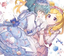 Rule 34 | 2girls, black hair, blonde hair, blue bow, blue dress, blue eyes, blue flower, bow, charlotte charlotte (idolmaster), commentary request, cookie, dress, emily stewart, flower, food, gloves, hair flower, hair ornament, highres, holding hands, idolmaster, idolmaster million live!, idolmaster million live! theater days, lolita fashion, long hair, looking at another, multiple girls, panprika, parted bangs, petals, pink dress, pink flower, rose, rose petals, short hair, smile, sweet lolita, tokugawa matsuri, twintails, white gloves