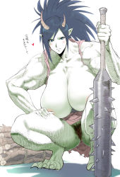 Rule 34 | 1girl, areola slip, bare shoulders, barefoot, blue eyes, blue hair, blush, breasts, club, club (weapon), collarbone, colored skin, female orc, female pubic hair, fingernails, green skin, hatching (texture), heart, highres, holding, holding club, holding weapon, horns, ishii takamori, large breasts, long fingernails, long hair, long toenails, looking at viewer, monster girl, muscular, muscular female, oni, orc, original, parted lips, pointy ears, pubic hair, sharp fingernails, sharp toenails, solo, spiked club, spikes, spoken heart, squatting, toenails, torn, torn clothes, veins, very long fingernails, weapon, wood