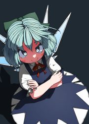 Rule 34 | 1girl, black background, blue eyes, blue hair, blush, bow, cirno, cowboy shot, crossed arms, green bow, hair between eyes, huxiao (mistlakefront), ice, ice wings, looking at viewer, puffy short sleeves, puffy sleeves, ribbon, shadow, short hair, short sleeves, smile, solo, touhou, wings