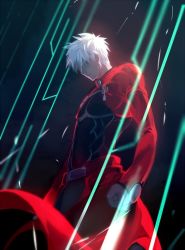 Rule 34 | 1boy, archer (fate), bad id, bad twitter id, black background, commentary request, dark, dark skin, dark-skinned male, fate/stay night, fate (series), looking down, magic circuit, male focus, sani (pixiv 10176316), solo, white hair