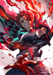 Rule 34 | 1boy, blood, blood on hands, checkered clothes, checkered jacket, ein lee, fire, fire, flaming sword, flaming weapon, hanafuda, haori, holding, holding sword, holding weapon, jacket, japanese clothes, kamado tanjirou, kimetsu no yaiba, male focus, scar, scar on face, scar on forehead, solo, sword, unsheathed, weapon