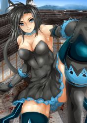 Rule 34 | 1girl, absurdres, animal ears, arm support, armpits, bare shoulders, black dress, black gloves, black hair, black thighhighs, blood, blue eyes, breasts, cat ears, cat girl, cat tail, choker, cleavage, covered navel, dress, elbow gloves, female focus, giant, giantess, gloves, highres, large breasts, legs, lens flare, long hair, looking at viewer, nonoririn, outstretched arm, skin tight, sky, smile, solo, strapless, strapless dress, tail, thighhighs