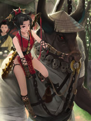 Rule 34 | 2girls, black hair, bull, club, club (weapon), commentary request, fingerless gloves, gloves, horns, japanese clothes, kanabou, long hair, multiple girls, nose piercing, nose ring, oni, original, piercing, pointing, red eyes, sitting on shoulder, somehira katsu, toeless legwear, toes, weapon, weapon on back