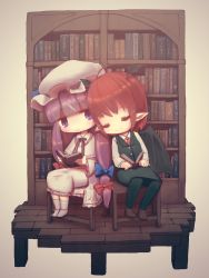 Rule 34 | 2girls, :&lt;, :3, ahoge, alternate hair length, alternate hairstyle, bat wings, black legwear, blunt bangs, book, bookshelf, capelet, chair, chibi, closed eyes, collared shirt, dress, dress shirt, full body, hair ribbon, hat, head wings, highres, holding, holding book, koakuma, leaning on person, loafers, long hair, long sleeves, looking at viewer, mob cap, multiple girls, necktie, open book, pantyhose, patchouli knowledge, pointy ears, purple eyes, purple hair, red hair, red neckwear, ribbon, shirt, shoes, short hair, simple background, sitting, skirt, skirt set, slippers, tekina (chmr), touhou, tress ribbon, very long hair, white shirt, wings, yellow background