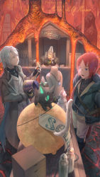 Rule 34 | 1girl, 2boys, black gloves, box, cat teaser, cloak, closed eyes, creature, fingerless gloves, gloves, green eyes, highres, holding pitcher, hood, hood down, jewelry, long hair, long sleeves, market, lava, monocle, multiple boys, necklace, necktie, pixiv fantasia, pixiv fantasia mountain of heaven, pointy ears, rackety, red hair, short twintails, sign, standing, sword, twintails, vest, watering can, weapon, white hair, yellow necktie