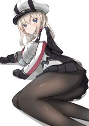 Rule 34 | 1girl, black pantyhose, black skirt, blonde hair, breasts, capelet, feet out of frame, graf zeppelin (kancolle), grey eyes, hair between eyes, hat, highres, kantai collection, large breasts, lying, military hat, military uniform, miniskirt, on side, one-hour drawing challenge, panties, panties under pantyhose, pantyhose, peaked cap, redundant-cat, sidelocks, simple background, skirt, solo, twintails, underwear, uniform, white background