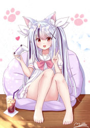 Rule 34 | 1girl, :d, animal ear fluff, animal ears, barefoot, black hair, blush, bow, cat ears, cat girl, collarbone, controller, convenient leg, cup, dress, dress bow, drink, drinking glass, drinking straw, fang, feet, frilled dress, frills, full body, game controller, hair bow, hair ornament, hair over shoulder, hands up, heart, holding, holding controller, holding game controller, knees together feet apart, long hair, m ko (maxft2), multicolored hair, open mouth, original, paw print, paw print background, pillow, pink bow, red eyes, sailor collar, sailor dress, short dress, short sleeves, signature, silver hair, smile, solo, toenails, toes, twintails, v, very long hair, white bow, white dress, wooden floor, x hair ornament