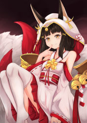 Rule 34 | 1girl, animal ear fluff, animal ears, azur lane, bare shoulders, bell, blush, brown eyes, brown hair, closed mouth, commentary request, detached sleeves, ears through headwear, finger to mouth, fingernails, fox ears, fox girl, fox tail, head tilt, highres, hood, hood up, japanese clothes, jingle bell, kimono, long hair, long sleeves, looking at viewer, nagato (azur lane), nagato (great fox&#039;s white gown) (azur lane), obi, pleated skirt, red skirt, ribbon-trimmed sleeves, ribbon trim, ryara, sash, skirt, smile, solo, tail, thighhighs, white kimono, white thighhighs, wide sleeves