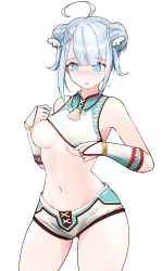 Rule 34 | 1girl, ahoge, amatsuka uto, bakertosin, bare shoulders, blue eyes, blue hair, blush, breasts, commentary, cosplay, double bun, dtspen, hair bun, hair ornament, hairclip, highres, indie virtual youtuber, jewelry, light blue hair, navel, necklace, nipples, one breast out, open mouth, shell, shell necklace, solo, thighs, underboob, virtual youtuber, white background