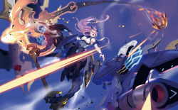 Rule 34 | 2girls, anchor, artery gear, bare shoulders, battle, bird legs, black hair, blue sky, blurry, chain, claw (weapon), covered navel, detached sleeves, fingernails, fire, flying, half-closed eyes, headgear, highres, holding, holding weapon, horns, huge weapon, laser, leotard, long fingernails, long hair, mecha musume, medium hair, multiple girls, open mouth, orange eyes, outdoors, purple hair, shooing, single horn, sky, sparks, steam, talons, thigh strap, tongue, weapon, wings, zhu fun