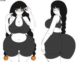 Rule 34 | 1girl, ass, ass focus, black hair, breasts, glasses, highres, huge ass, huge breasts, large breasts, long hair, orange eyes, pale skin, shorts, solo, tagme, thick thighs, thighs, tight clothes, wide hips, zonen404