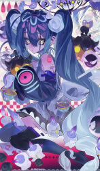 Rule 34 | 1girl, absurdres, artist name, bare shoulders, black footwear, black skirt, black sleeves, blue hair, boots, candle, character request, commentary, creatures (company), cup, detached sleeves, eyelashes, fire, full body, game freak, gastly, gen 1 pokemon, ghost miku (project voltage), gradient hair, grey shirt, hair between eyes, hair ornament, hatsune miku, highres, holding, light frown, long hair, long sleeves, loose hair strand, miniskirt, multicolored hair, nintendo, number tattoo, parted lips, pokemon, pokemon (creature), project voltage, purple fire, shirt, shoulder tattoo, sitting, skirt, sleeveless, sleeveless shirt, sleeves past fingers, sleeves past wrists, symbol-only commentary, taowu (20809), tattoo, tea, teacup, teardrop, thigh boots, twintails, very long hair, vocaloid, wavy hair, weibo watermark, yellow eyes, yokozuwari