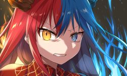 Rule 34 | 1girl, angry, blue eyes, blue fire, blue hair, blue horns, bright pupils, clenched teeth, close-up, commission, commissioner upload, dragon girl, dragon horns, dress, fiery background, fire, heterochromia, highres, horns, inferna dragnis (xoldrek), long hair, looking at viewer, necktie, non-web source, orange eyes, original, red hair, red horns, solo, standing, teeth, usagi1923, white pupils