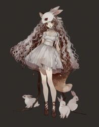 Rule 34 | 1girl, animal ears, brown eyes, brown footwear, brown hair, brown ribbon, choker, closed mouth, collarbone, colored inner hair, commentary request, dress, fox ears, fox girl, fox tail, full body, grey background, highres, long hair, looking at viewer, mask, mask on head, multicolored hair, nekosuke (oxo), original, rabbit, rabbit mask, ribbon, short sleeves, simple background, solo, standing, tail, very long hair, wavy hair, white choker, white dress, white hair, white rabbit (animal)
