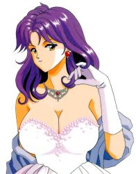 Rule 34 | 1990s (style), 1girl, breasts, cleavage, dress, earrings, elbow gloves, female focus, gloves, jewelry, kagami mira, kokura masashi, large breasts, long hair, looking at viewer, necklace, official art, purple hair, retro artstyle, scan, scarf, shawl, simple background, smile, solo, source request, strapless, strapless dress, tokimeki memorial, tokimeki memorial 1, white background, white gloves, white theme, yellow eyes
