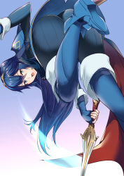 Rule 34 | 1girl, ameno (a meno0), armor, ass, bent over, blue eyes, blue hair, cape, falchion (fire emblem), fingerless gloves, fire emblem, fire emblem awakening, from behind, gloves, hair between eyes, long hair, looking at viewer, looking back, lucina (fire emblem), nintendo, open mouth, solo, sword, thighs, tiara, weapon