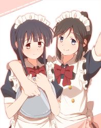 Rule 34 | 2girls, alternate costume, apron, arm around shoulder, black dress, black hair, blue eyes, blue hair, blush, bow, bowtie, closed mouth, dress, hands up, hibike! euphonium, highres, holding, holding plate, kasaki nozomi, liz to aoi tori, long hair, looking at viewer, maid, maid apron, maid headdress, multiple girls, outstretched arm, plate, ponytail, red bow, red bowtie, red eyes, sawara65, short sleeves, smile, standing, white apron, yoroizuka mizore