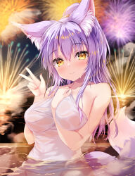 Rule 34 | 1girl, aerial fireworks, animal ears, arm between breasts, bare arms, bare shoulders, between breasts, blush, breasts, closed mouth, collarbone, fingernails, fireworks, fox ears, fox girl, fox tail, hair between eyes, hand up, large breasts, long hair, looking at viewer, naked towel, night, onsen, original, outdoors, ponytail, purple hair, shiori (tateha), sidelocks, smile, solo, tail, tateha (marvelous grace), towel, upper body, v, wet, yellow eyes