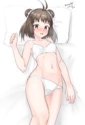 Rule 34 | 1girl, absurdres, antenna hair, bra, breasts, brown eyes, brown hair, collarbone, cowboy shot, dated, double bun, hair bun, highres, kantai collection, lying, maru (marg0613), naka (kancolle), navel, one-hour drawing challenge, panties, pillow, small breasts, solo, twitter username, underwear, underwear only, white bra, white panties