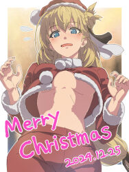 1girl agnes_claudel blonde_hair blue_eyes blush braid breasts capelet chiharu_(9654784) christmas commentary dated eiyuu_densetsu flying_sweatdrops fur-trimmed_capelet fur-trimmed_headwear fur_trim hair_bun hat highres kai_no_kiseki kuro_no_kiseki_(series) large_breasts long_hair long_sleeves looking_at_viewer low-tied_long_hair merry_christmas navel open_mouth red_capelet santa_costume santa_hat smile solo underboob very_long_hair wardrobe_malfunction