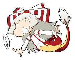 Rule 34 | 1girl, arm garter, azuman, blunt bangs, bottomless, bow, chibi, dragon tail, female focus, flying, fujiwara no mokou, hair bow, long hair, o o, open mouth, outstretched arms, simple background, solo, straight hair, suspenders, tail, touhou, very long hair, white background, white hair