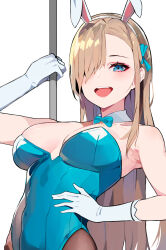 Rule 34 | 1girl, :d, animal ears, armpits, asuna (blue archive), asuna (bunny) (blue archive), bare shoulders, blonde hair, blue archive, blue bow, blue bowtie, blue eyes, blue leotard, bow, bowtie, breasts, breasts apart, commentary, detached collar, english commentary, fake animal ears, gloves, hair ornament, hair over one eye, hand on own hip, hand up, highres, holding, holding pole, large breasts, leotard, long hair, looking at viewer, medium breasts, official alternate costume, one eye covered, open mouth, pantyhose, playboy bunny, pole, rabbit ears, simple background, smile, solo, teeth, tongue, tor (torkrub111), upper body, upper teeth only, white background, white gloves