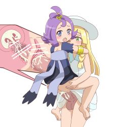 Rule 34 | 2girls, acerola (pokemon), armlet, arms around neck, ass, blonde hair, blush, bottomless, braid, censored, clitoris, clothed sex, creatures (company), cross-section, cum, cum in pussy, dress, elite four, full-package futanari, futa with female, futanari, game freak, green eyes, hair ornament, half updo, hat, highres, holding, large penis, lillie (pokemon), long hair, mo miage purin, multiple girls, nintendo, no panties, open mouth, penis, pokemon, pokemon sm, purple eyes, purple hair, sex, short hair, short sleeves, simple background, sleeveless, sleeveless dress, standing, sun hat, sweat, testicles, trial captain, twin braids, uterus, vaginal, white background, white dress, white headwear