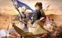 2boys 4girls arknights bare_shoulders black_jacket blue_eyes blurry blurry_foreground brown_eyes brown_hair cape character_request cloud coat commentary_request dark-skinned_male dark_skin desert dress earrings elysium_(arknights) high_collar highres hill holding holding_weapon jacket jewelry leaning_forward long_hair looking_at_viewer multicolored_hair multiple_boys multiple_girls outdoors pink_hair red_hair short_hair sky smile standing streaked_hair sword thorns_(arknights) thorns_the_lodestar_(arknights) two_side_up very_long_hair weapon white_coat white_hair you_zhiqi_de