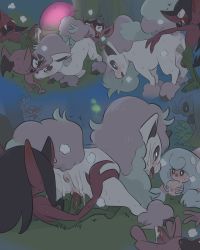 Rule 34 | absurdres, anus, bisexual female, creatures (company), cunnilingus, fangs, forest, galarian form, galarian ponyta, game freak, gen 6 pokemon, gen 8 pokemon, glowing, grass, group sex, hattrem, highres, horns, impidimp, kinni, morgrem, multicolored hair, mushroom, nature, nintendo, no humans, oral, penis, phantump, pokemon, pokemon (creature), pussy, saliva, saliva trail, sequential, sex, single horn, spitroast, sweat, tree, uncensored, vaginal