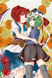 Rule 34 | 2girls, aqua eyes, balance scale, black skirt, black thighhighs, blue headwear, blue vest, bright pupils, epaulettes, excella (delltothu), flower, frilled hat, frills, green hair, grin, hair bobbles, hair ornament, hat, highres, hug, juliet sleeves, long sleeves, looking at viewer, multiple girls, onozuka komachi, open mouth, puffy sleeves, red eyes, red flower, red hair, ribbon-trimmed skirt, ribbon trim, scythe, shiki eiki, short hair, short sleeves, skirt, smile, spider lily, thighhighs, touhou, two side up, vest, weighing scale, white pupils, yellow flower