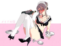 Rule 34 | 1girl, :o, alcohol, alternate costume, alternate hairstyle, ass, black choker, black footwear, blush, bottle, breasts, choker, cup, drinking glass, drunk, enmaided, frills, grey hair, hair between eyes, hair bun, hair ribbon, high heels, highres, holding, holding bottle, kantai collection, long hair, maid, maid day, maid headdress, medium breasts, navel, nose blush, parted lips, pola (kancolle), pouring, pouring onto self, ribbon, ribbon choker, shishanmo, sidelocks, simple background, single hair bun, sitting, solo, thighhighs, tray, two-tone background, wine, wine glass